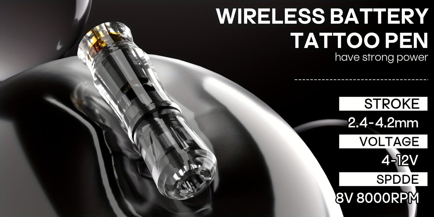 Tattoo Machine Kit POSEIDON PS090-161 Wireless Rotary Pen with 1400mAh Battery, Display, 10 Cartridges and 6 Inks