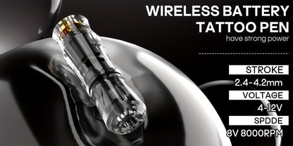 Tattoo Machine Kit POSEIDON PS090-161 Wireless Rotary Pen with 1400mAh Battery, Display, 10 Cartridges and 6 Inks