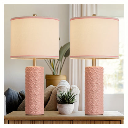 Ceramic Table Lamp – Modern Farmhouse Bedside Lamp with Drum Shade, 3 Color Temperature, Knob Switch, 9W LED Bulb Included, Rustic Nightstand Desk Light for Bedroom Living Room Office Dorm (Multiple Colors)