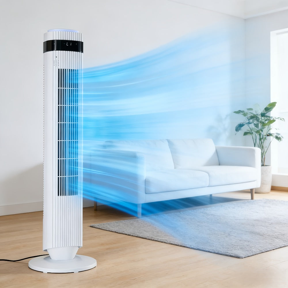 Floor-Standing Tower Fan with Circular LED Display, 7.68-Inch Base and Black, White or Gray Finish