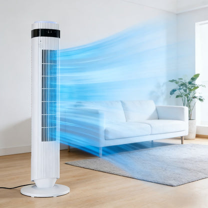Floor-Standing Tower Fan with Circular LED Display, 7.68-Inch Base and Black, White or Gray Finish