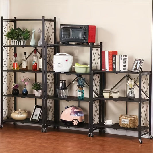 Rolling Storage Rack with Wheels 3 4 5 Tier Folding Shelving Unit No Assembly Required, Freestanding Metal Shelf Organizer for Kitchen Living Room Garage Office Basement, Black White