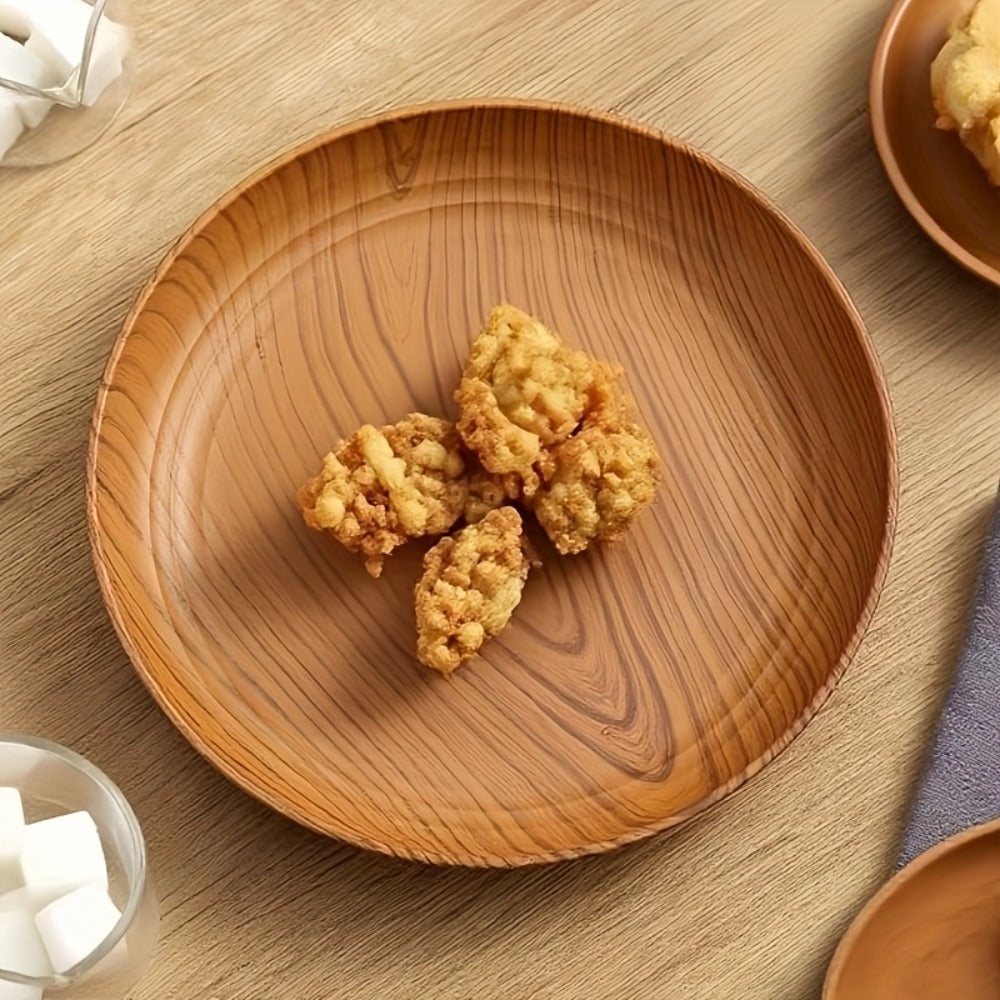 10pcs Wood Grain Dinner Plates Set - Round Striped Plastic Serving Trays for Home Kitchen Dessert Shop Restaurant | Fruit Tray Tea Tray Cake Plate Snack Dish