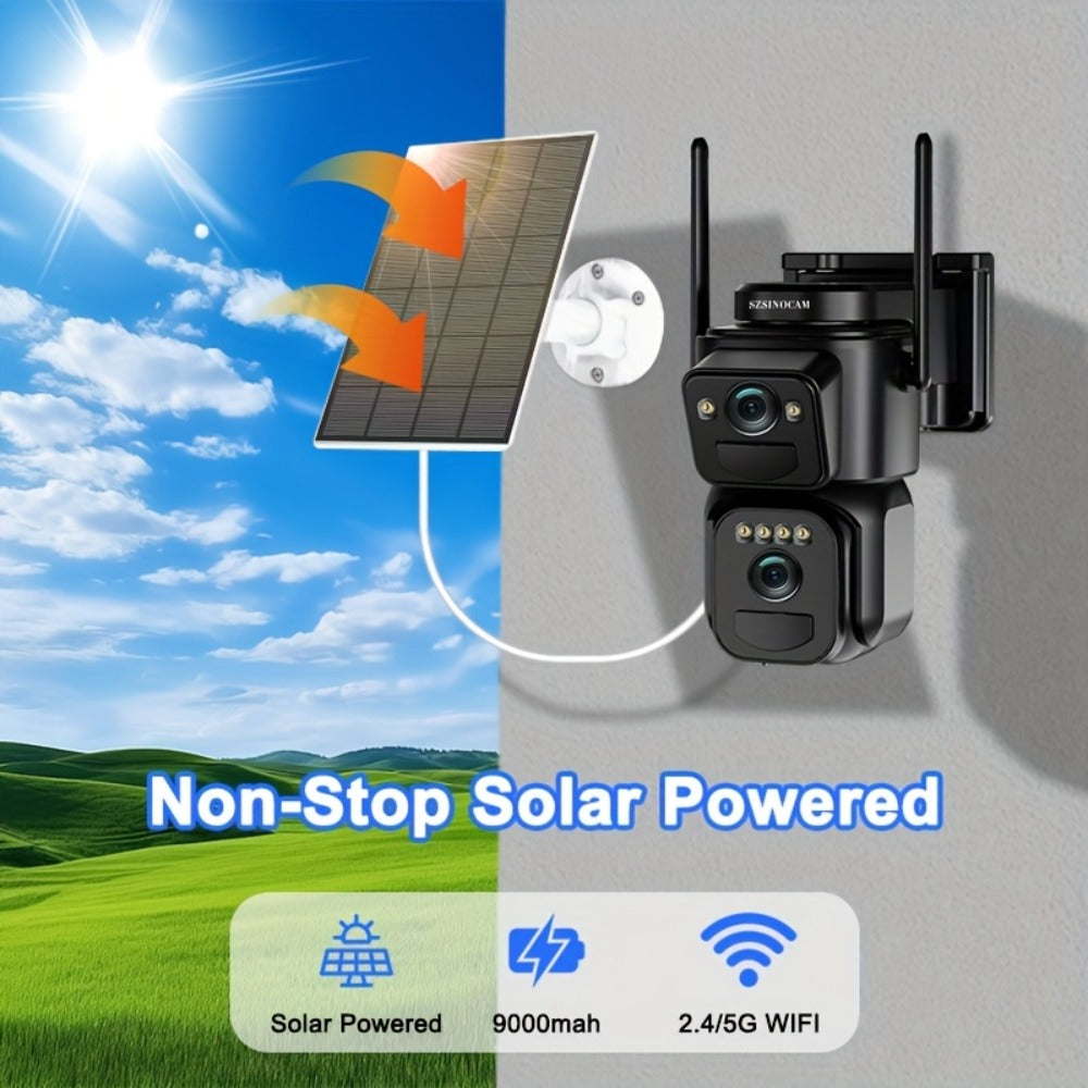 Solar Security Camera 2K WiFi Outdoor - 10x Optical Zoom, 360° Pan Tilt PTZ, IP66 Waterproof, Color Night Vision, Spotlight Alarm, Motion Detection, Two-Way Audio, No Wiring CCTV (QW8-WIFI)