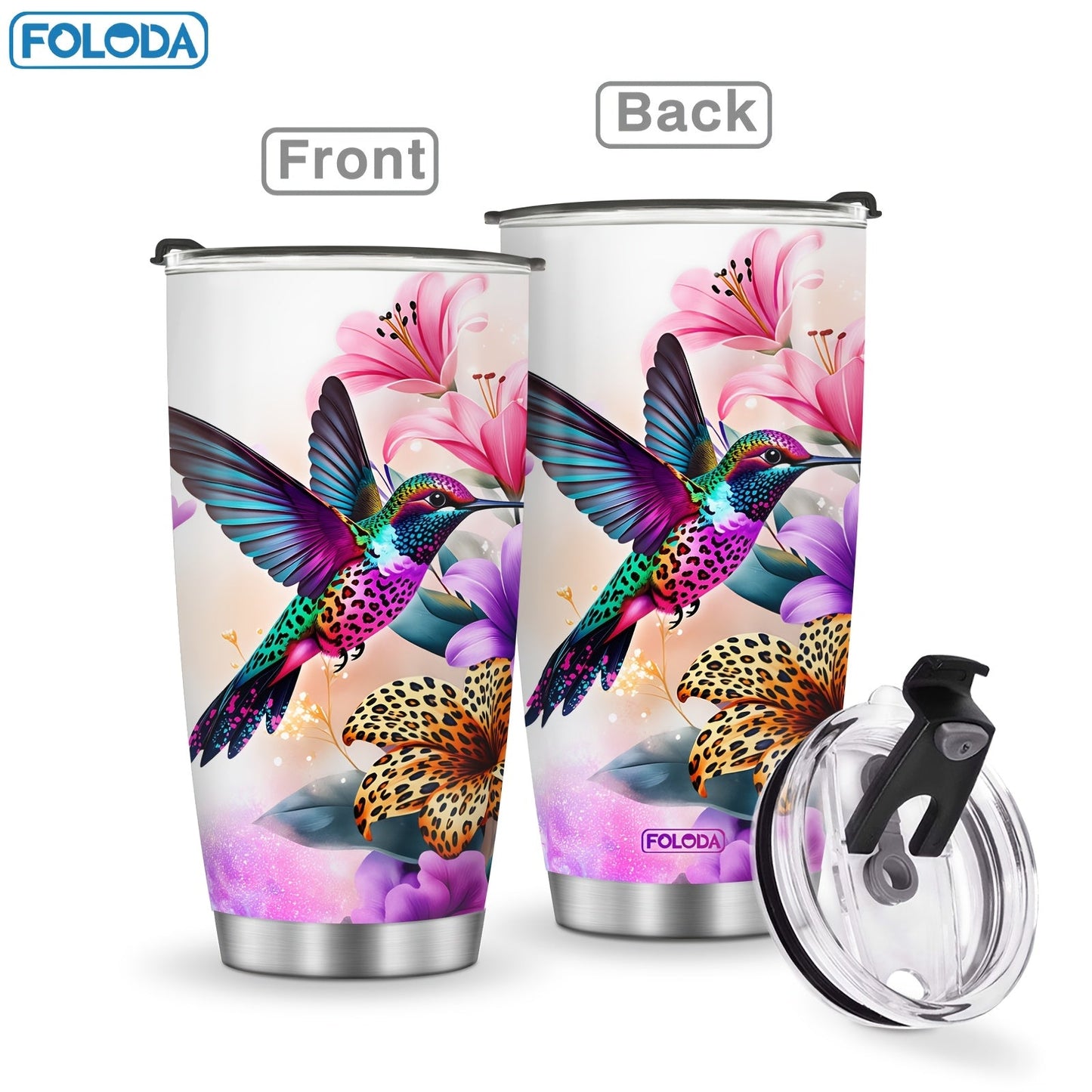 Twenty-Ounce Hummingbird and Flower Travel Tumblers in Ten Exact Printed Design Configurations