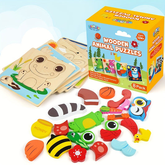 Baby Animal Wooden Puzzles for Toddlers 8 Pack – Infant Learning Toy 12 Months+, Bear Bunny Owl Frog Bee Duck Moose Raccoon, Fine Motor Skills Educational Gift for Boys Girls Christmas Birthday