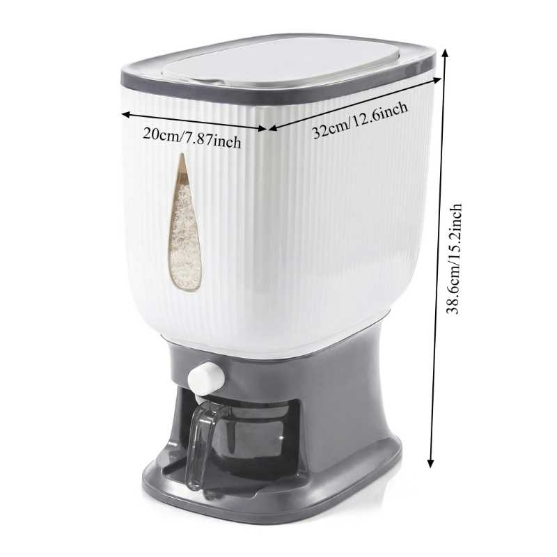 Rice Dispenser with Measuring Cup, 22LB Large Capacity 6-Chamber Sealed Grain Storage Container, Transparent Window, Moisture & Insect Resistant, One-Click Design for Rice Beans Flour Pet Food – Kitchen Cabinet Organizer