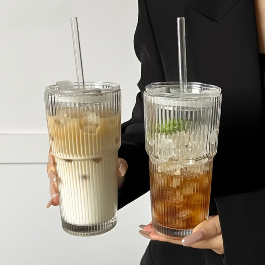 Vintage Striped Drinking Glasses with Glass Straws – 19oz High Borosilicate Iced Coffee Cups Set for Juice, Smoothies & Parties, Thick & Durable Glassware Gift Set (2 or 4 Pack)