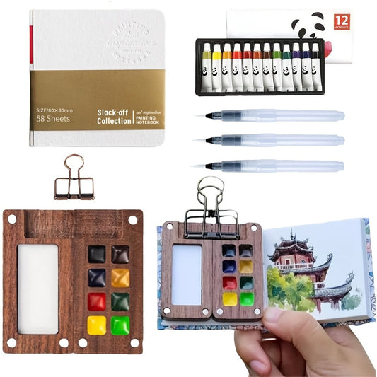 Portable Watercolor Paint Set 24 Colors with 15-Grid Palette 3 Brushes and 6 Accessories Pocket Painting Kit for Outdoor Sketching Travel Artists Kids Adults