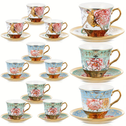 Twelve-Piece Floral Tea Cup and Saucer Set with Six 5.4-Ounce Cups and Six Matching Saucers