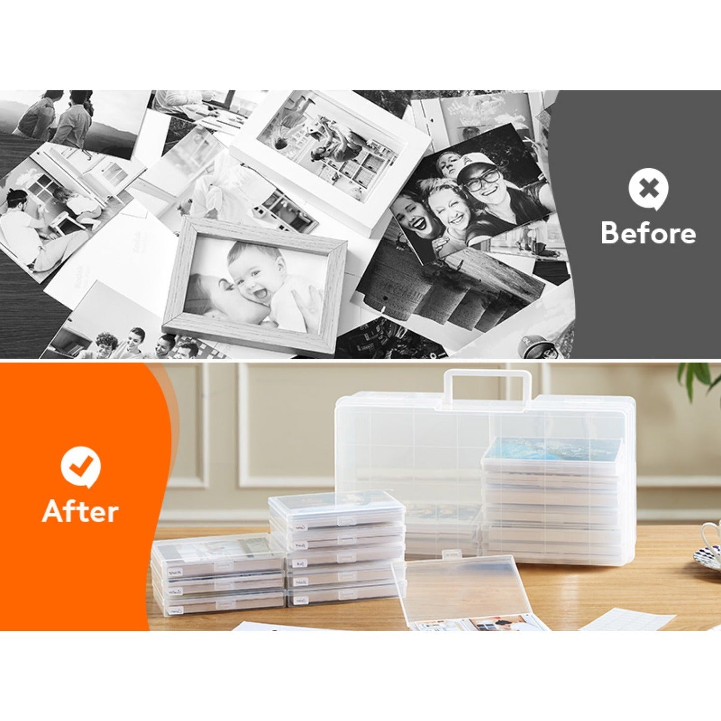 Photo Storage Box with 14 or 18 Inner Keeper Cases in Clear, Black or Multicolor Configurations