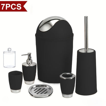 Seven-Piece Bathroom Accessory Set with Waste Bin, Toilet Brush, Dispenser and Containers in Seven Colors