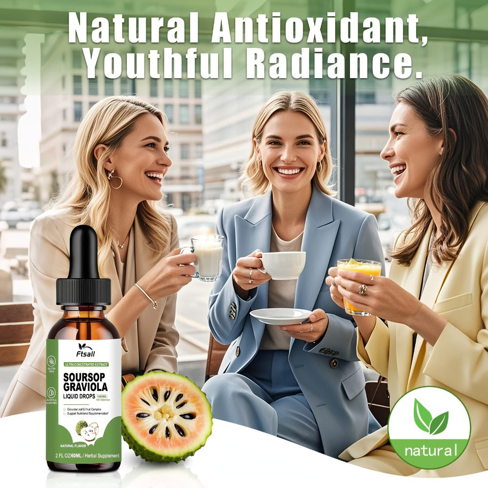 Herbal Supplement with Ftsall Label, Soursop Graviola Liquid Drops 1800mg per Serving, 2 fl oz, One to Three Packs