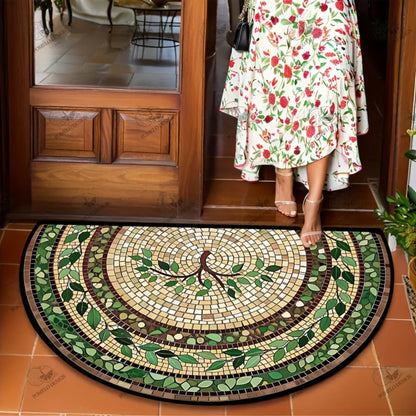 Green Leaf Mosaic Door Mat with Half-Round Shape, Concentric Decorative Borders and 32 x 20-Inch Size