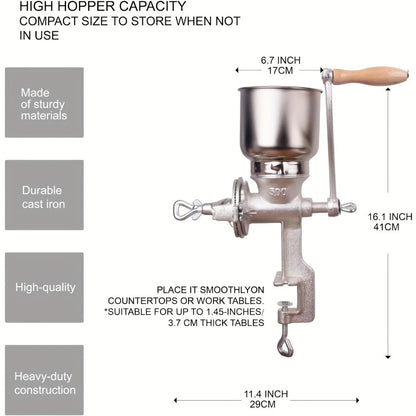 Cast Iron Grain Mill Manual Grain Grinder, Hand Crank Food Mill, High Hopper with Clamp & Shield