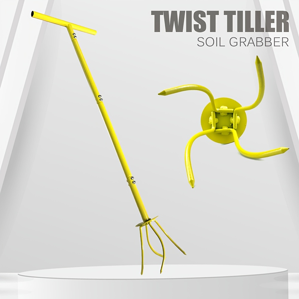 Manual Twist Tiller with Four Curved Soil Claws, Three-Section T-Handle and Yellow or Orange Options