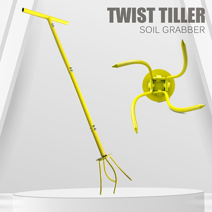 Manual Twist Tiller with Four Curved Soil Claws, Three-Section T-Handle and Yellow or Orange Options