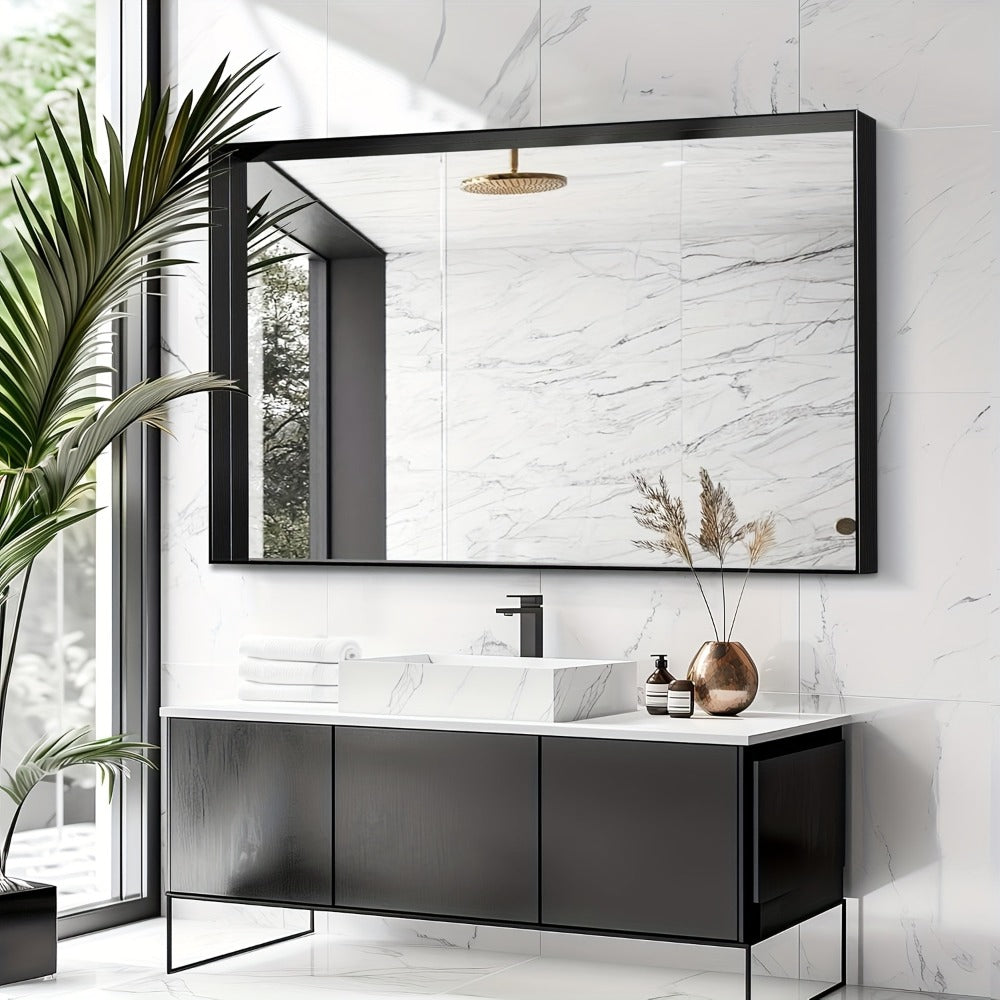 Bathroom Vanity Mirror Wall Mounted Metal Frame Rectangle – Anti-Rust Farmhouse Mirror in Matte Black, Gold & Silver, Multiple Sizes, Horizontal or Vertical Hang