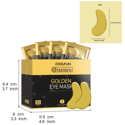 50-Pair Gold-Tone Under-Eye Patch Box with Individual Pouches and Collagen, Hyaluronic Acid and Glycerin Wording