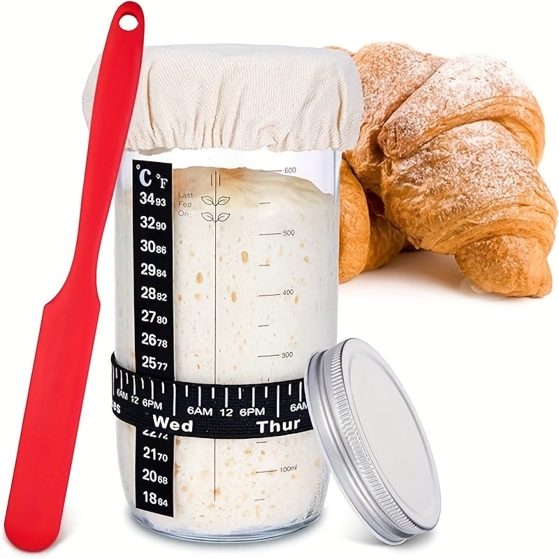 Sourdough Starter Jar 24oz with Lid & Accessories Kit | Glass Bread Starter Container with Silicone Scraper, Thermometer Strip, Date Feeding Band, Cloth Cover & Wood Lid – Reusable Fermentation Jar