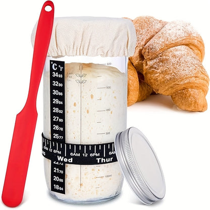 Sourdough Starter Jar 24oz with Lid & Accessories Kit | Glass Bread Starter Container with Silicone Scraper, Thermometer Strip, Date Feeding Band, Cloth Cover & Wood Lid – Reusable Fermentation Jar