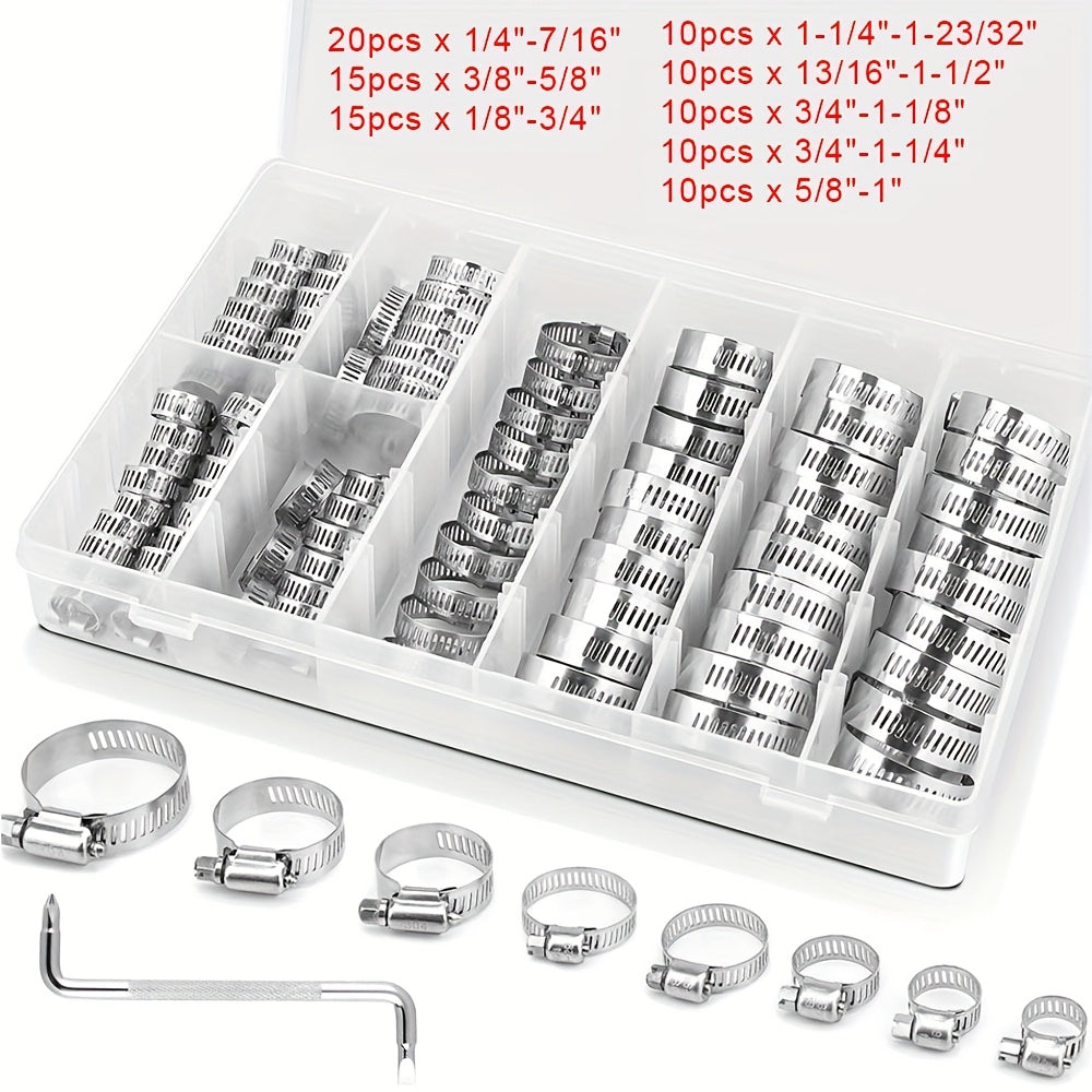 Stainless Steel Hose Clamps 100-Pack Assortment Kit - Multiple Universal Sizes Adjustable Hose, for Home Plumbing Maintenance and Repair