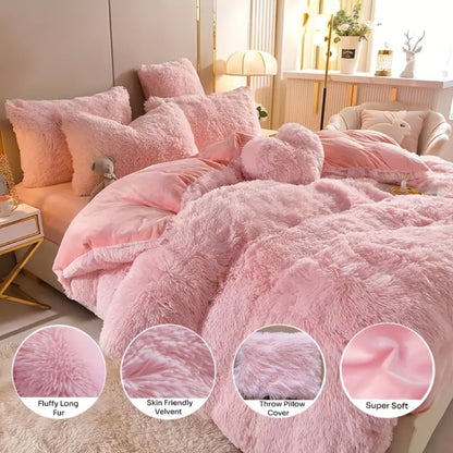 Plush Four-Piece Duvet Cover Set with Bed Sheet, Two Pillowcases, Queen or King Size and Eight Colors