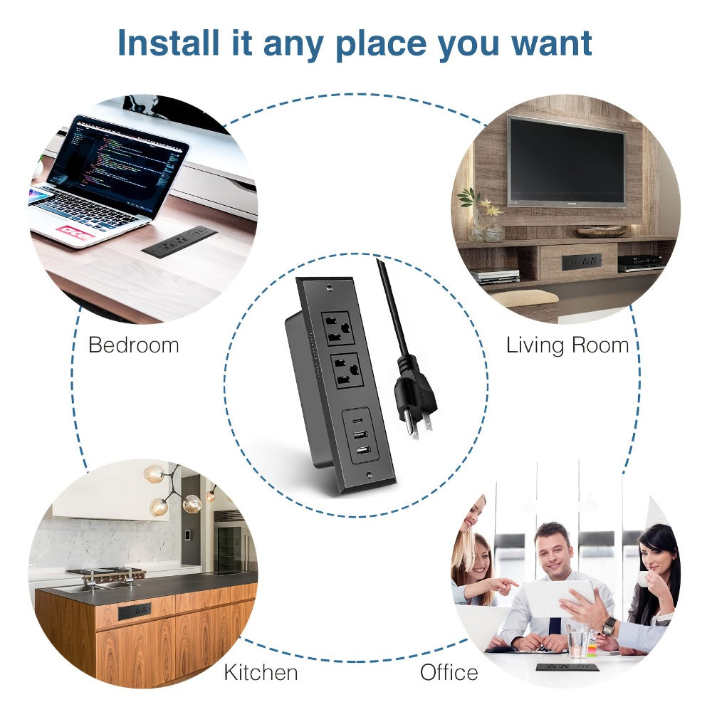 Power Strip Recessed Desk Outlet with Flush-Mount Design, USB-A, USB-C and 1.5-Meter Extension Cord