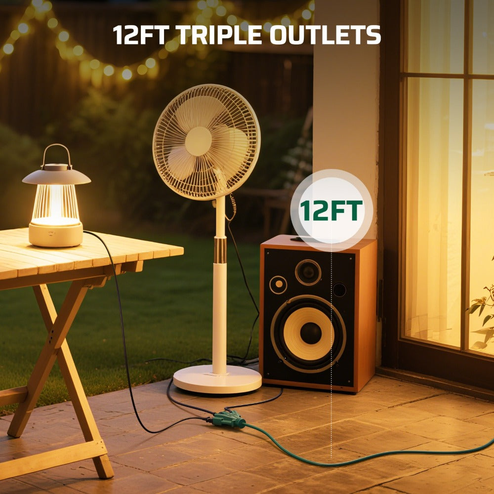 Green 12-Foot 16/3 Extension Cord with Three-Outlet Splitter, 13A 125V and 1625W Pictured Label