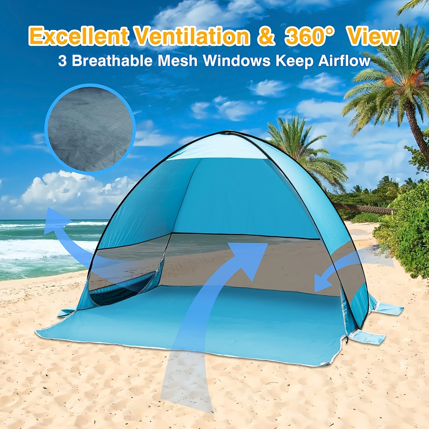Pop-Up Beach Sun Shelter with 200 x 165 x 130 cm Interior, Six Stakes and Green or Blue Options