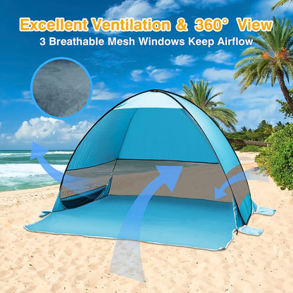 Pop-Up Beach Sun Shelter with 200 x 165 x 130 cm Interior, Six Stakes and Green or Blue Options