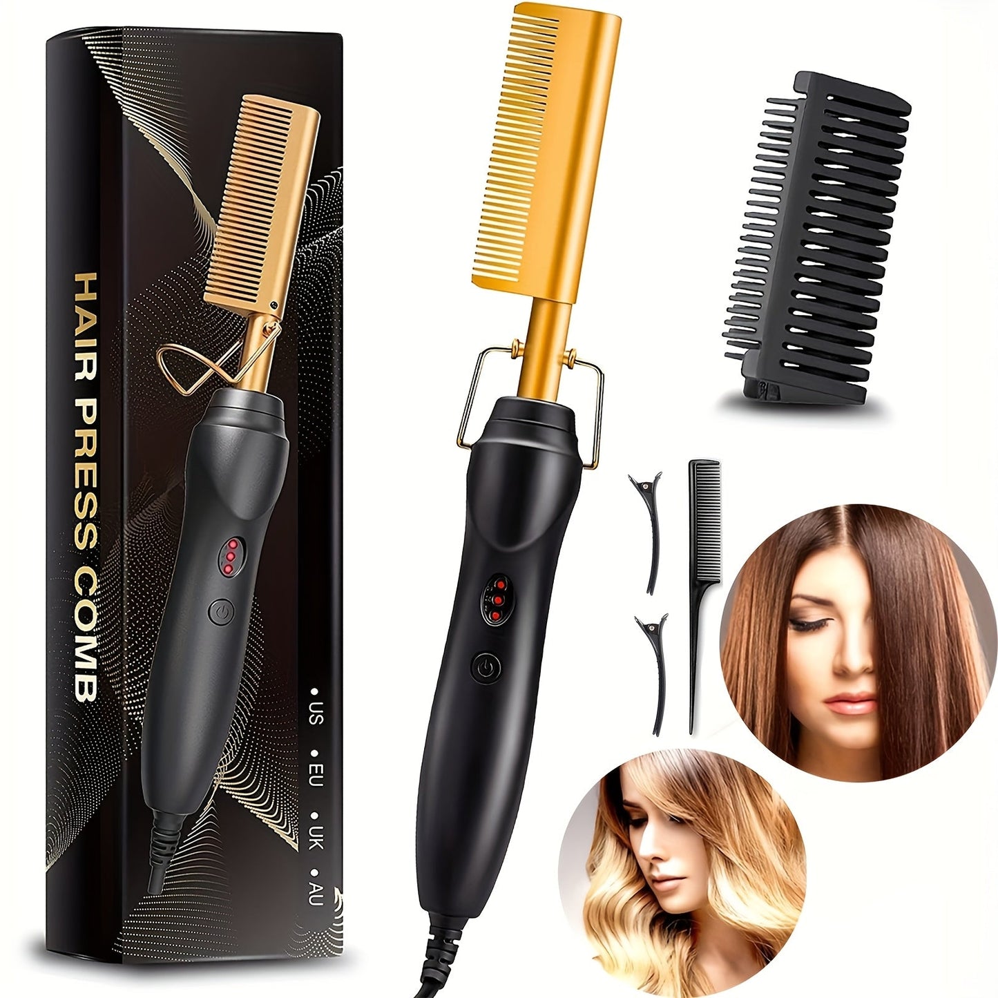Hot Comb Hair Straightener Electric Ceramic – Portable Anti-Burn Press Comb for Natural Hair & Beard Straightening – Pink, Gold, Black, Gradient, Avocado Green