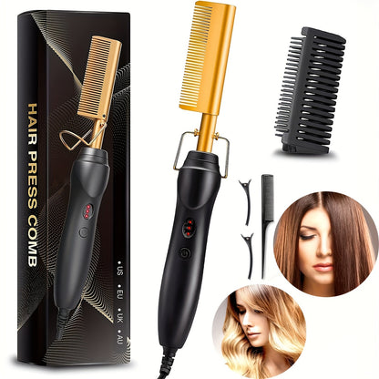 Hot Comb Hair Straightener Electric Ceramic – Portable Anti-Burn Press Comb for Natural Hair & Beard Straightening – Pink, Gold, Black, Gradient, Avocado Green