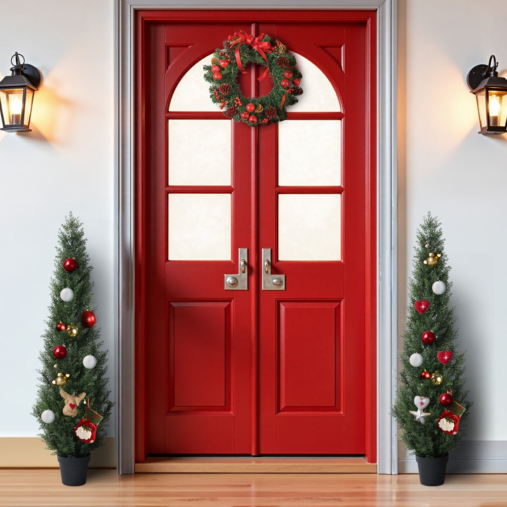 Artificial Cedar Topiary Tree with 3, 4 or 5 ft Height Options, Black Pot and Single or Two-Tree Sets