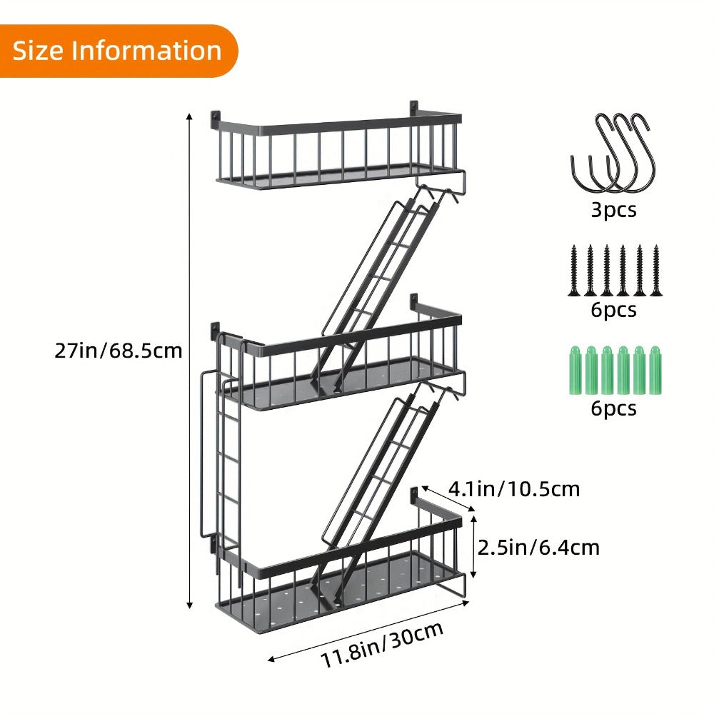 Three-Tier Black Ladder Wall Shelf with 27-Inch Height, Three Baskets and Side Hook Set for Storage