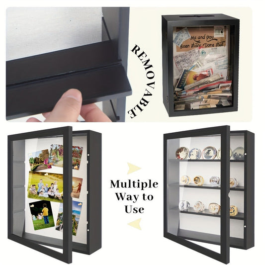 Shadow Box Frame 11x14 Large Memory Display Case with Linen Back - 4 Removable Shelves for Medals, Coins, Rings, Pins, Photos & Flowers | Deep Shadow Box for Collections, Country Farmhouse Style