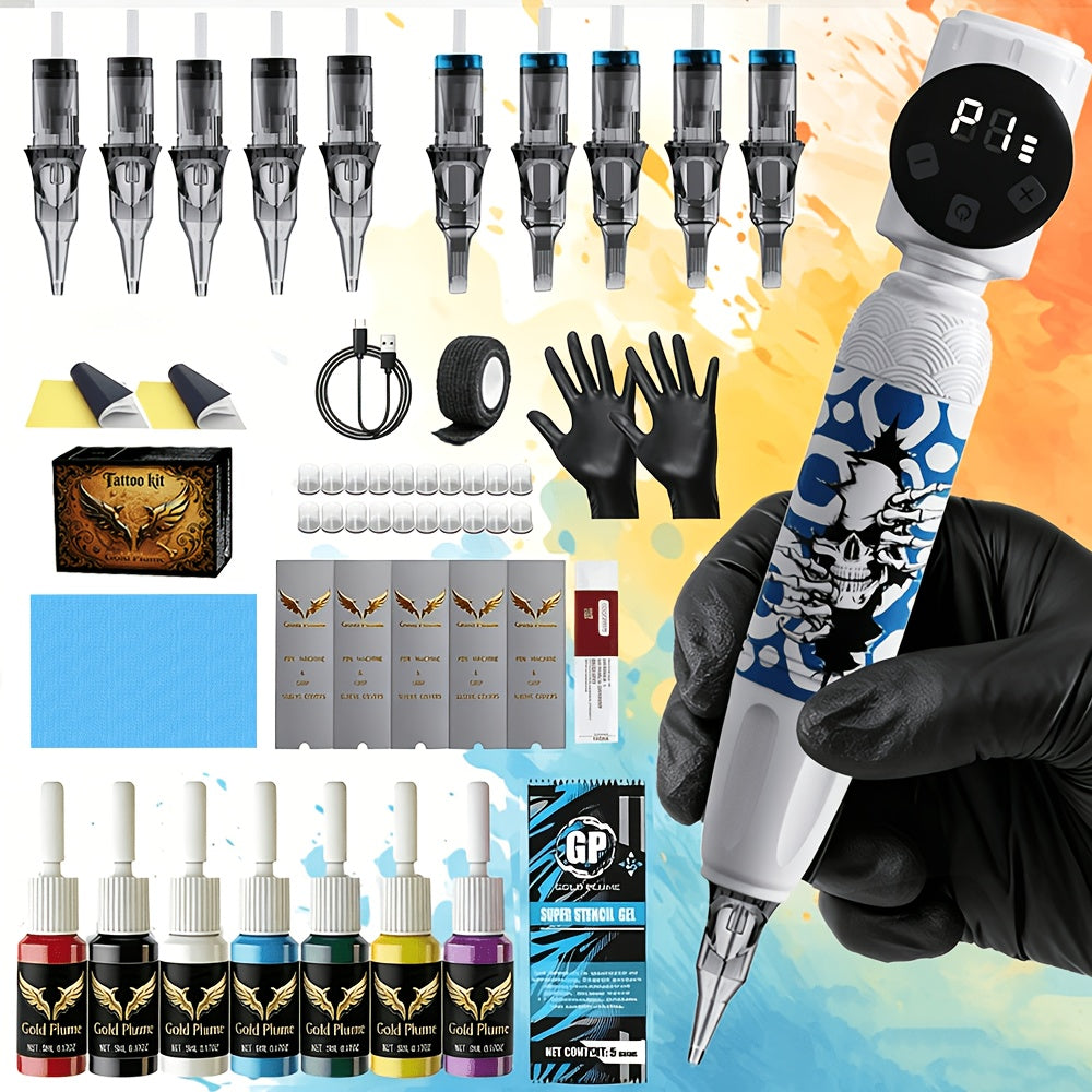 Wireless Tattoo Pen Kit GOLDPLUME Complete Set with Power Supply 10 Cartridge Needles 7 Ink Bottles Rotary Tattoo Machine for Beginners & Professional Artists