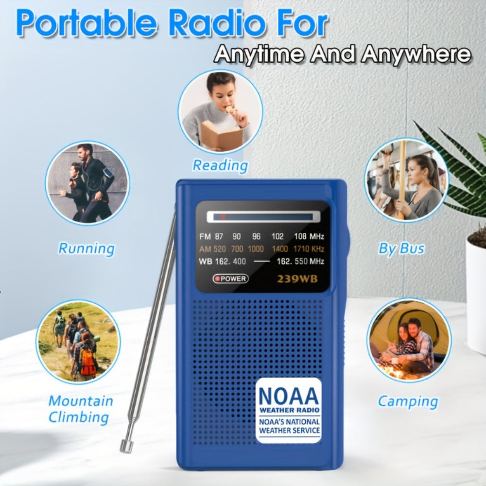 Portable AM/FM/NOAA Weather Radio with 2-AA Battery Power, Earphone Jack and Three Color Options