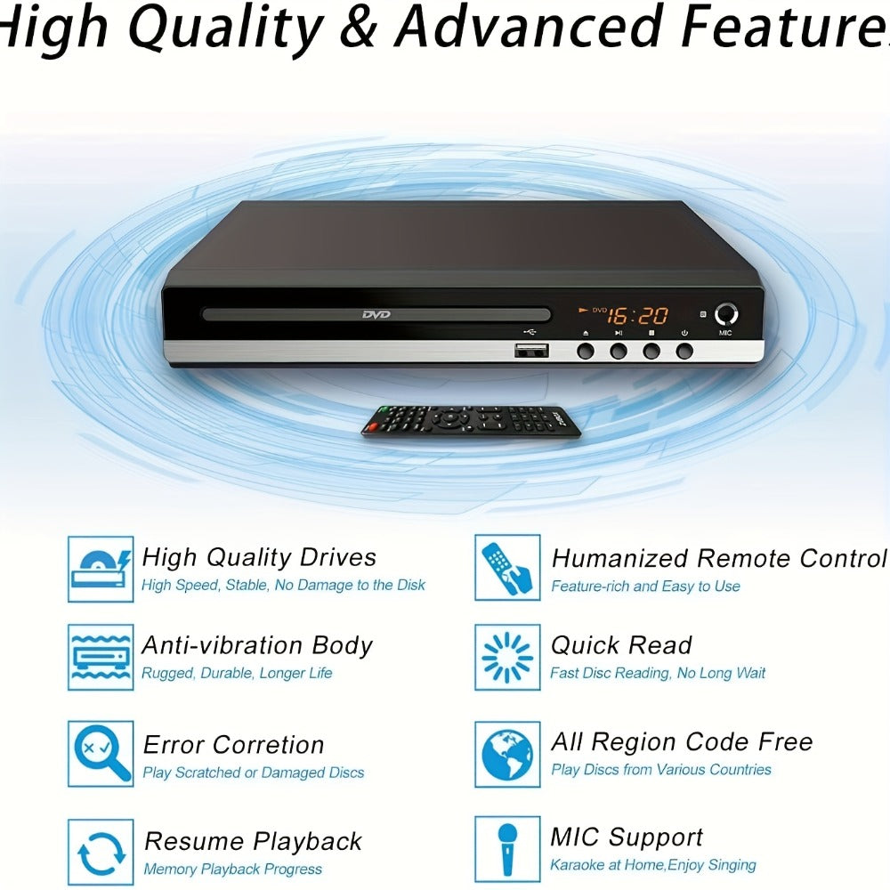 Black Karaoke DVD Player with Dual Microphone Inputs, USB Port, AV and HD Outputs, Remote Control and RCA Cable