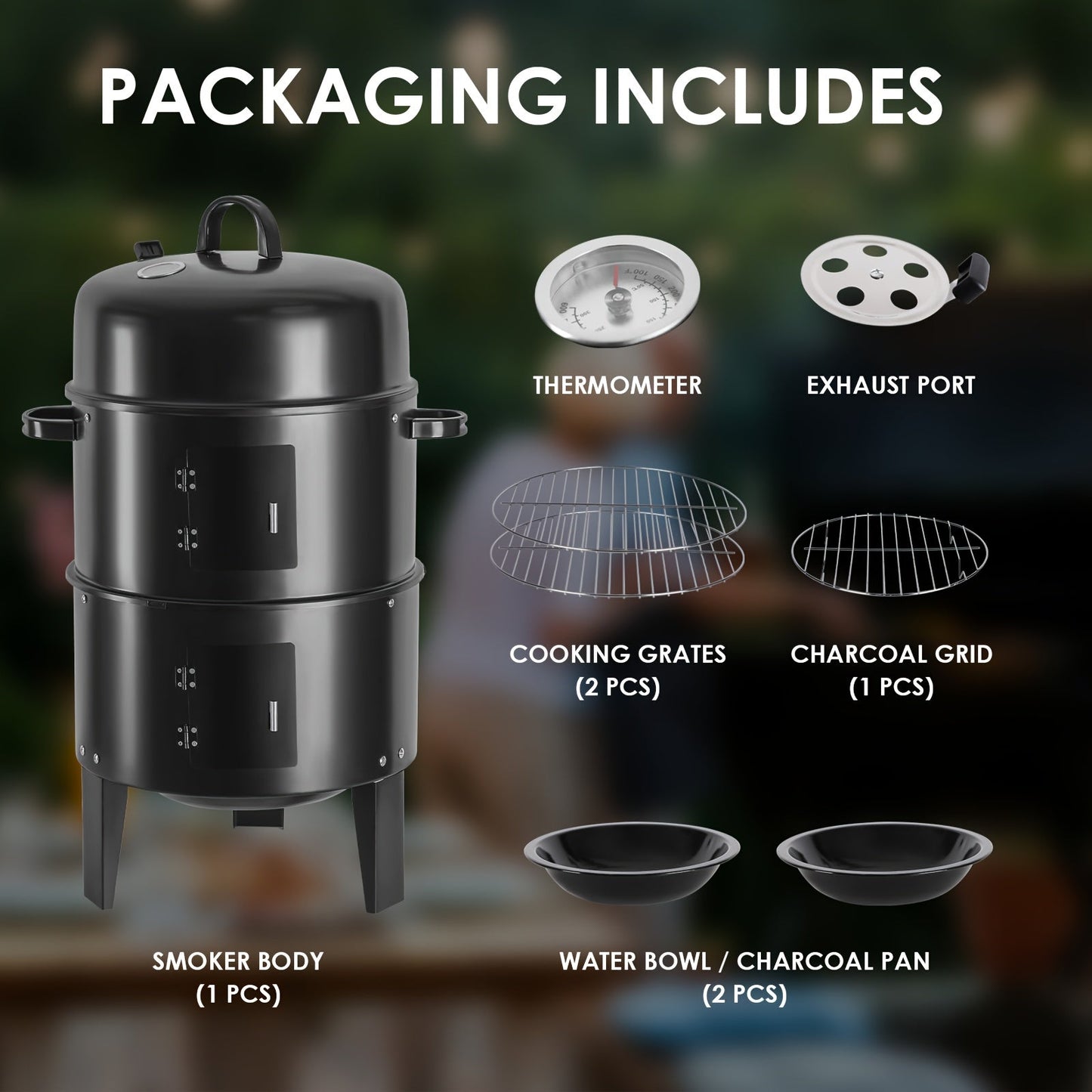 Charcoal Smoker Grill 16 Inch Vertical 3-Tier with Easy Temperature Control, Portable Outdoor Smoker for Simultaneous Smoking Grilling Cooking, Backyard Camping BBQ