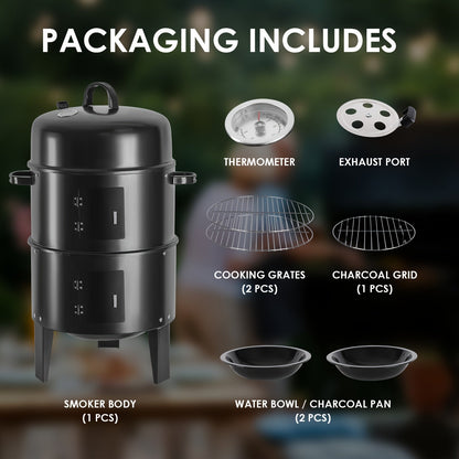 Charcoal Smoker Grill 16 Inch Vertical 3-Tier with Easy Temperature Control, Portable Outdoor Smoker for Simultaneous Smoking Grilling Cooking, Backyard Camping BBQ
