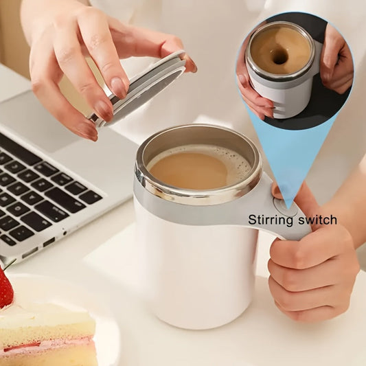 Self Stirring Coffee Mug with Magnetic Stirring Technology – 13.3oz Stainless Steel Travel Mug, No Battery Needed, Spill-Proof Lid & Ergonomic Handle, Reusable Coffee Cup Gift Set – White & Beige