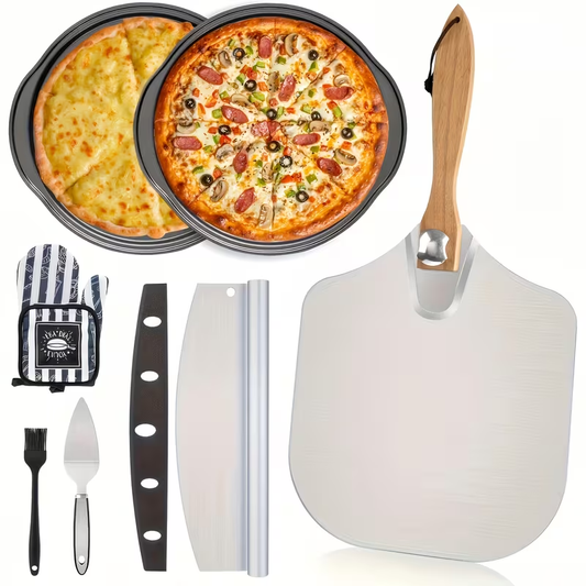 Pizza Stone Set 7-Piece with Tools – Cordierite Baking Stone with Stainless Steel Peel Cutter Brush & Heat-Resistant Gloves | Crispy Crust for Oven BBQ Grill Homemade Artisan Pizza Gift