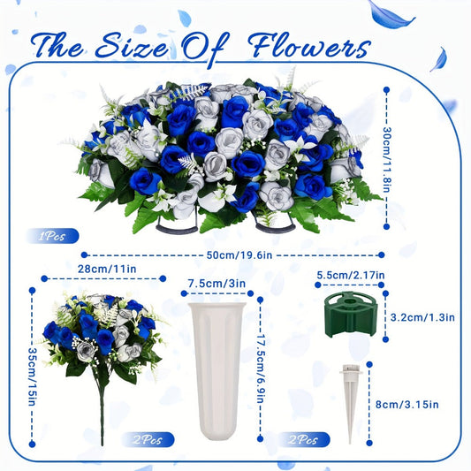 Artificial Cemetery Flowers for Grave with Saddle, Silk Rose Bouquet Headstone Decoration, Memorial Day Grave Flowers, Outdoor Grave Marker Floral Arrangement, 1/2/3 PCS