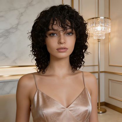 Wavy Elf-Cut Human Hair Wig with Bangs, Rose Mesh Cap and Black 10-Inch Layered Short-Hair Style