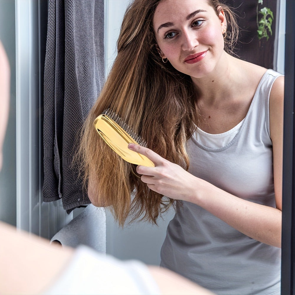 Air Cushion Detangling Hair Brush with Electroplated Finish and Flexible Pins in Three Color Options
