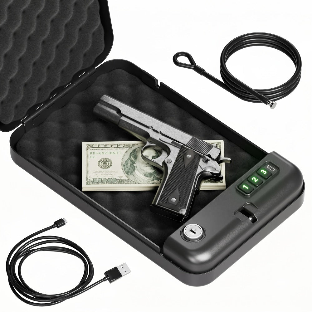 Portable Pistol Safe with Three-Digit Electronic Keypad, Backup Keys, USB-C Cable and 3.28 ft Security Cable