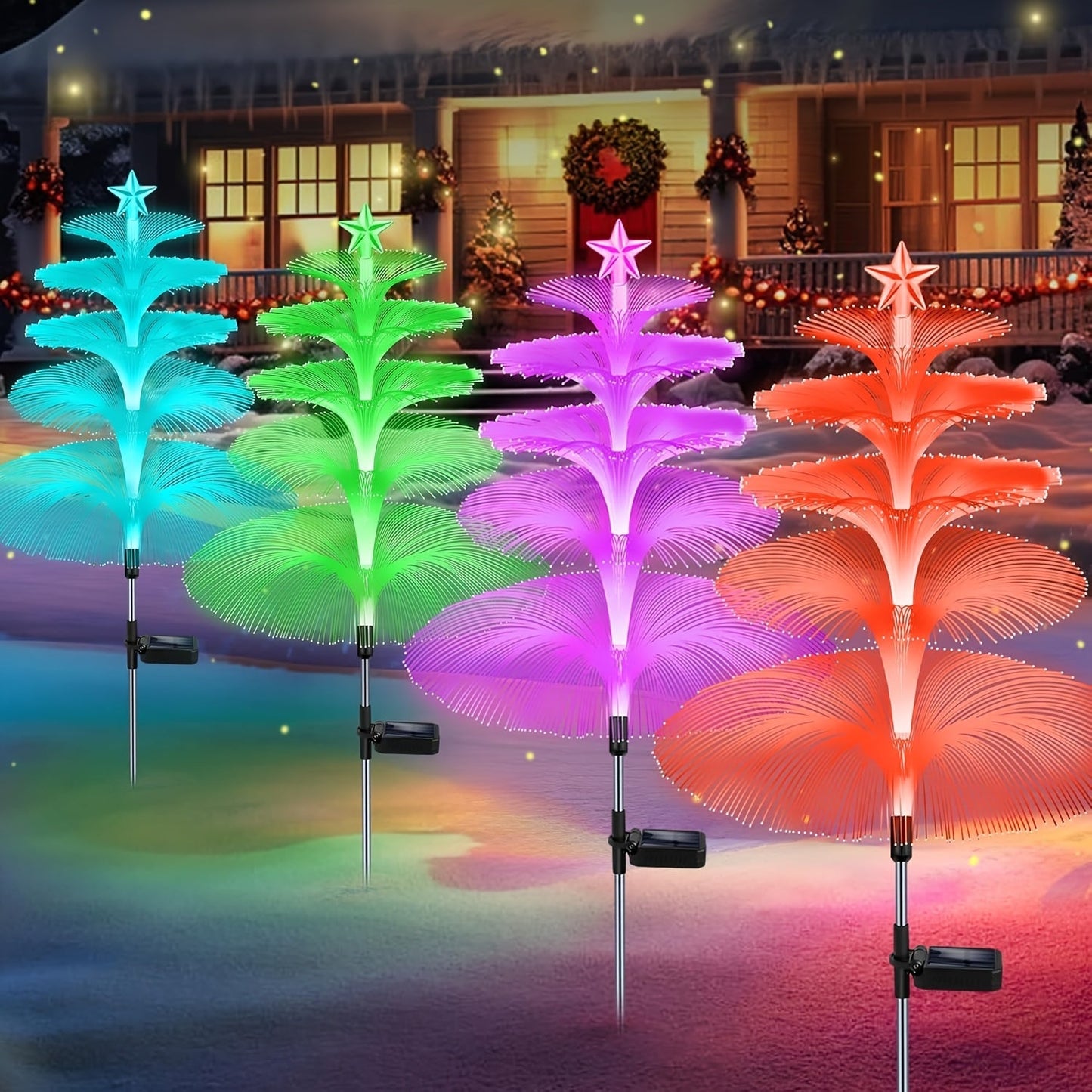 Solar Garden Light Fiber Optic Christmas Tree Stakes with 7-Color LEDs and 2 or 5-Layer Star Options