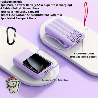 10000mAh Mini Power Bank 22.5W Super Fast Charging with 4 Built-In Cables – LED Display Cute Compact Portable Charger for iPhone Samsung Android Travel Outdoor Emergency Battery Pack