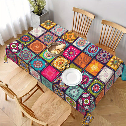 Tablecloth with Colorful Patchwork Mandala Print in Round, Square and Rectangle Size Options